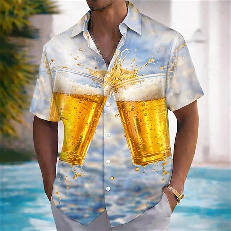 

2026 New Beer Graphic Beach Shirt Summer Cold Shirts For Men Clothes Bar Party Male Lapel Blouse Drink Beer Short Sleeve Tops