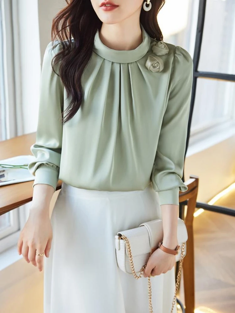 Chemisiers Vintage pour femmes, couleur unie, chemises décontractées, mode ample, vêtements coréens d'été, manches longues, col rond, hauts en mousseline de soie pour femmes