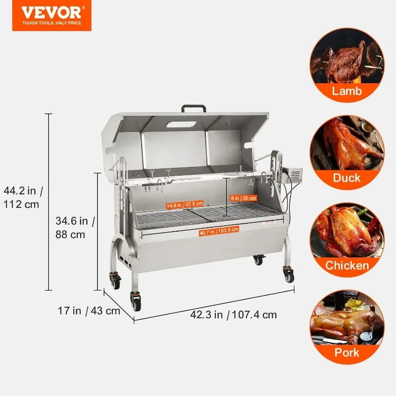 VEVOR roestvrijstalen draaispitgrill met afdekkap met capuchon, BBQ Whole Pig Lamb Goat houtskoolspuuggrill, capaciteit 46 inch 132 lbs