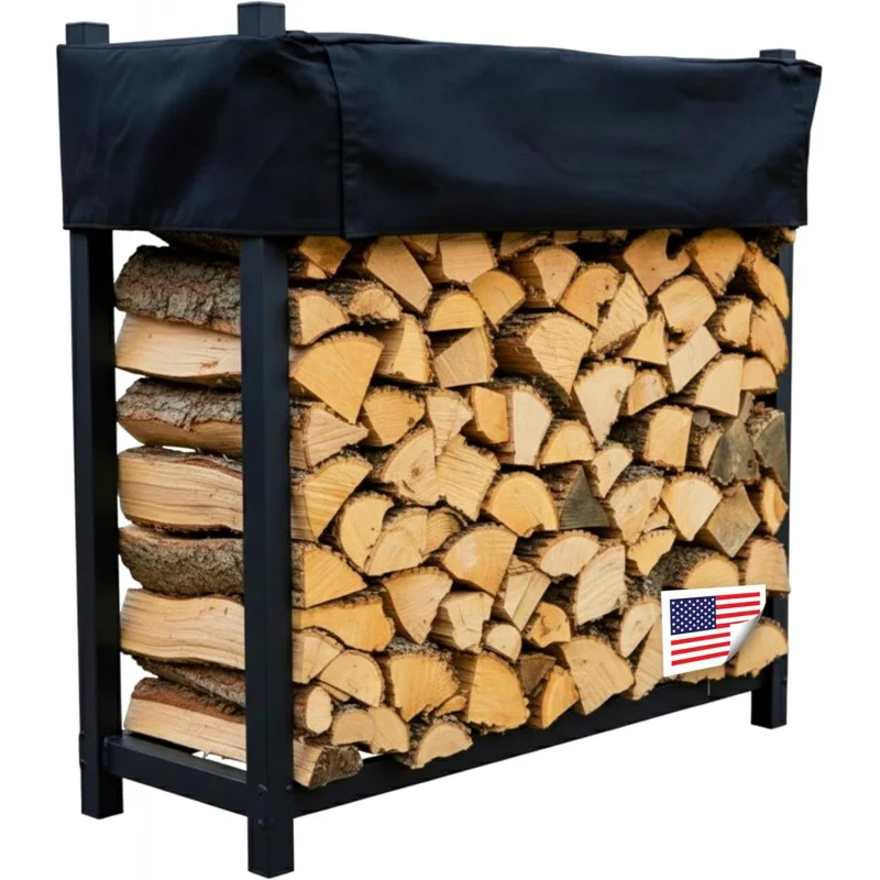 

Black 4 Foot - Heavy Duty Made In USA - Indoor Outdoor - 1/4 Cord Firewood Storage Log Rack With Seasoning Cover Combo Set