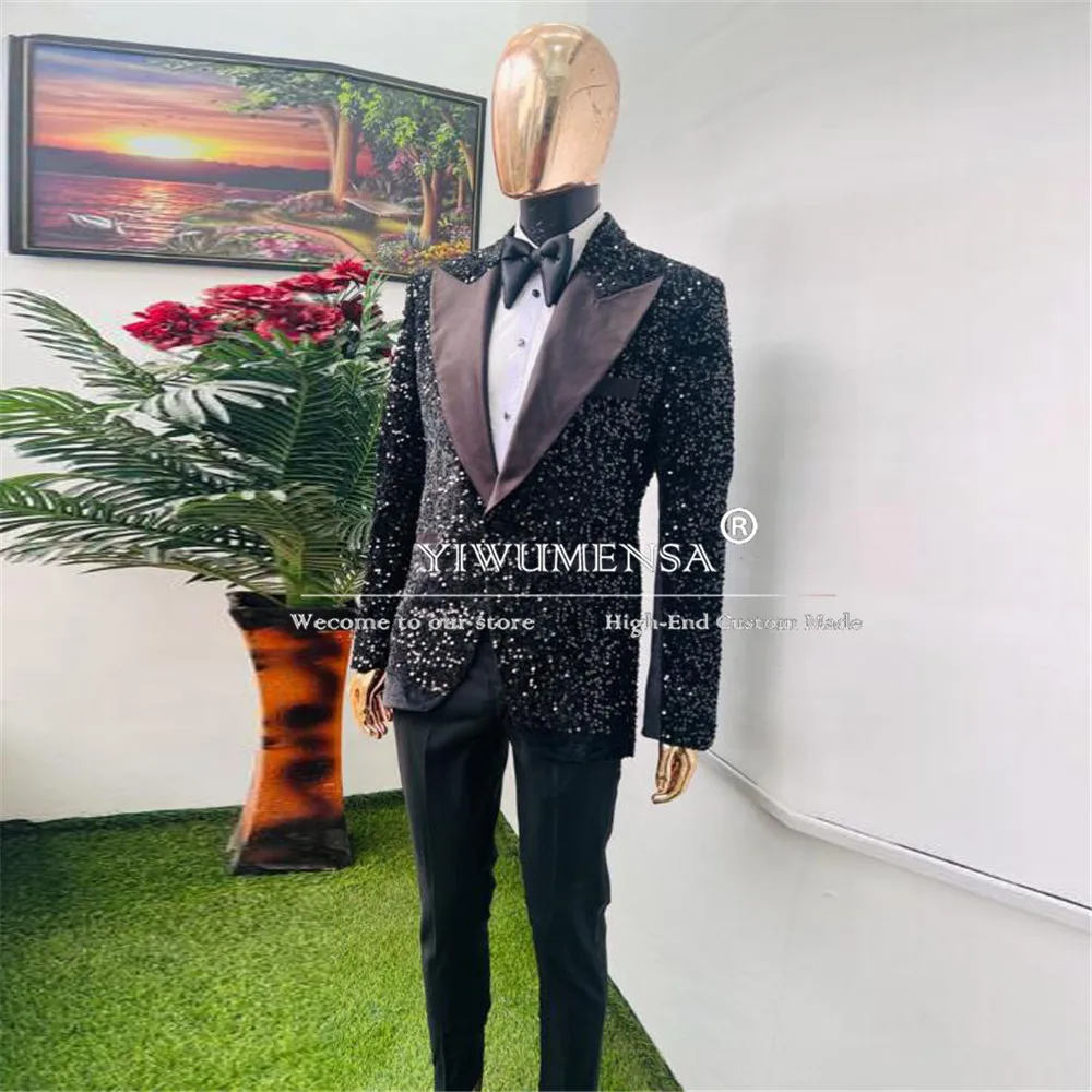 

Elegance Groom Wedding Tuxedo Luxury Black Peaked Lapel Sequins Jacket Pants 2 Pieces Man Suits Tailored Costumes Hommes Mariage