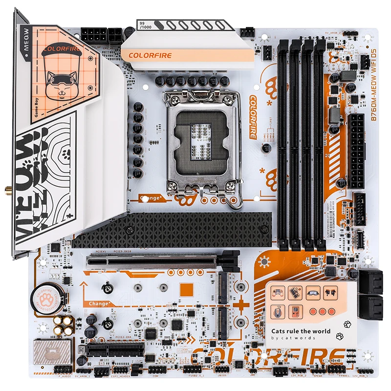 Imagem -02 - Colorfire B760m-meow Wifi d5 Laranja Intel B760 Ddr5 Dimms M.2 Slots 2.5g Wi-fi Orange Cat Argb Pcie 5.0 Placa-mãe