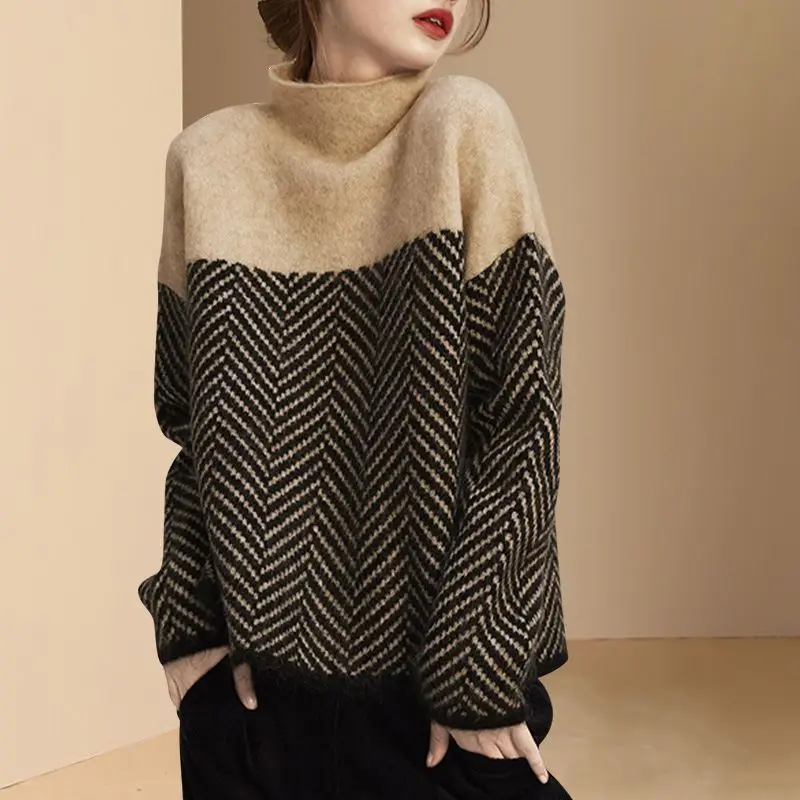 Korean Clothing Fashion Women Autumn Winter Sweater Contrast Striped Casual Loose Long Sleeve Half Turtleneck Knitted Pullovers