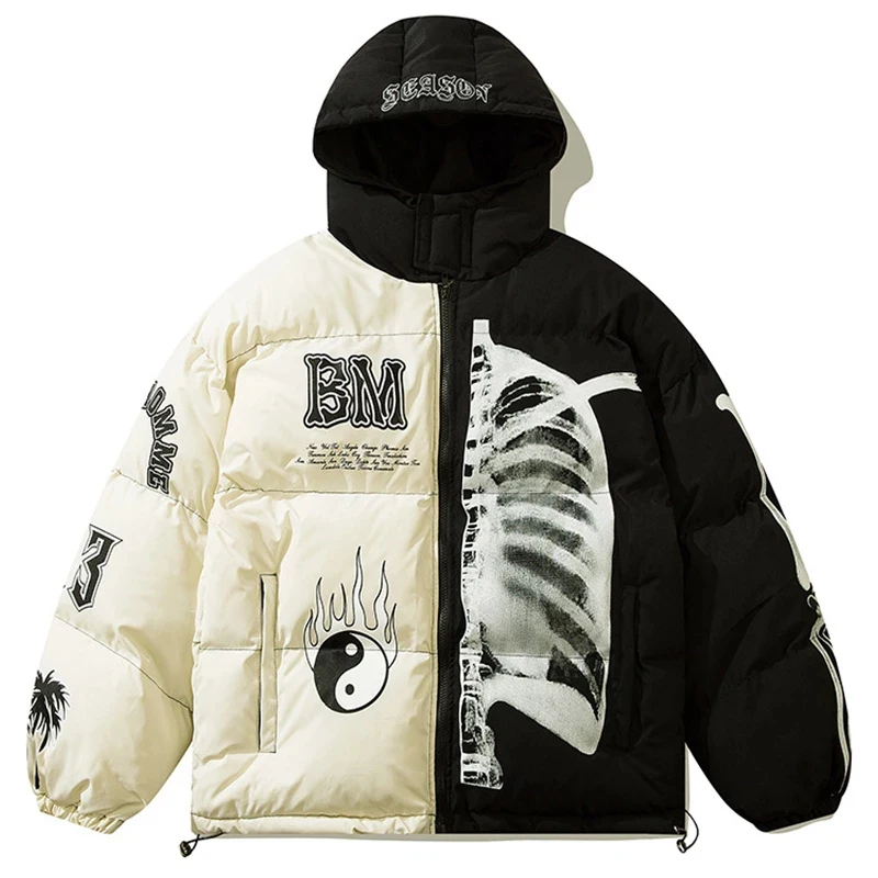 Mens Winter Parka Jacket Yin Yang Skeleton Print Couple Streetwear Outwear Harajuku Padded Jacket Hooded Loose Warm Coat Unisex