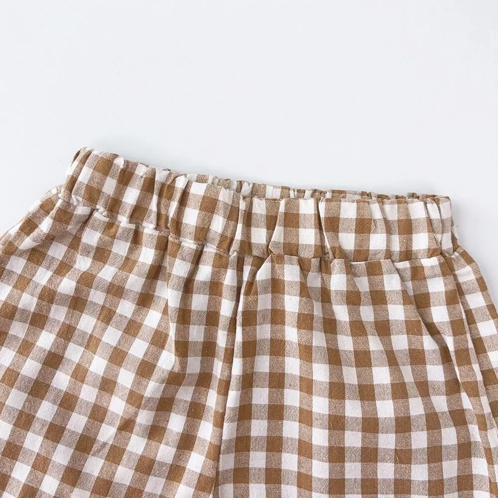 Children's Clothing Autumn Khaki Plaid Suits Long Sleeved Round Neck Top+Shorts Two-piece Sets Simple Basic Girl's Clothing image 6