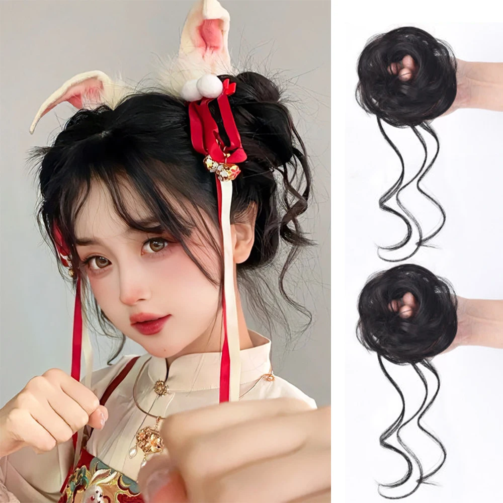 

2Pcs Synthetic Hair Bun Chignon Y2K Messy Curly Hair Band Elastic Scrunchy False Hair Pieces For Women Hairpins Black Brown