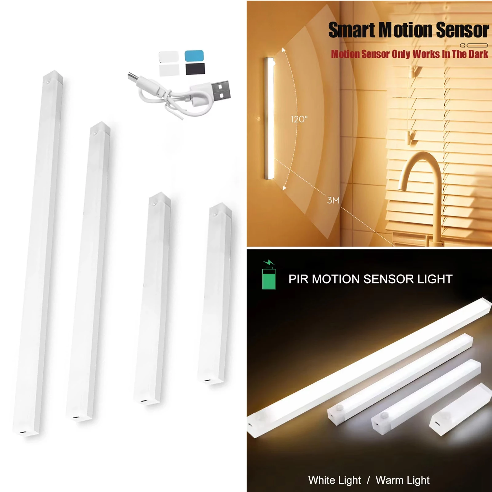 PIR Motion Sensor LED Szafka Światło 10CM-50CM USB Ładowanie zimno/ciepło/białe LED Pod biurkiem LED Czujnik ruchu LED Nocna noc