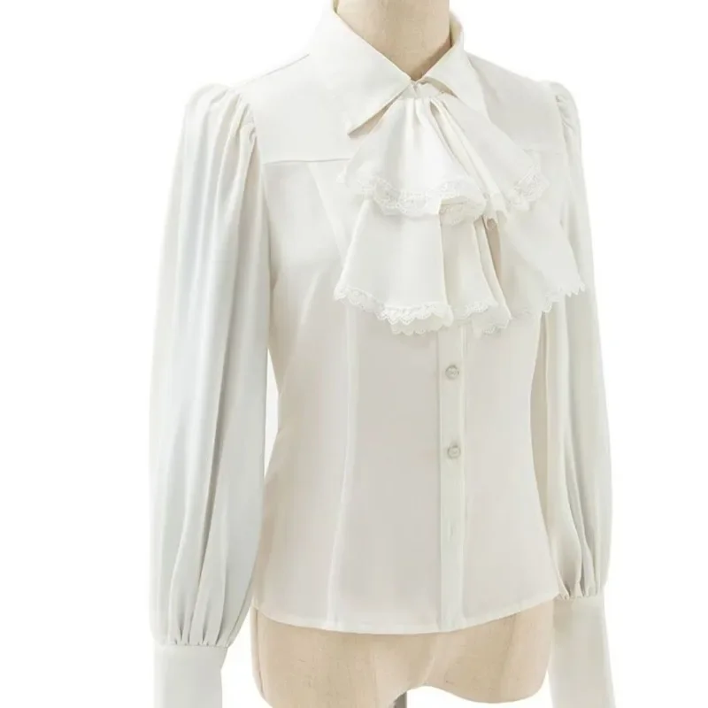 Lay Down Collar Shirt Lolita Lace Tops Long Sleeve Women Formal Frill Jabot Tie Button Work Shirt Victorian Costume
