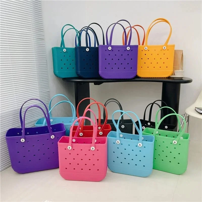 Waterproof Beach Soft EVA Bag Punched Handbag Colorful Summer Water Park Tote Basket Swimming Suit Towels Organizer Shoulder Bag