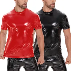 Mens Tops Shiny Leather T-Shirt Glossy PVC Short Sleeve Tees O Neck Shaping Latex Top Male Crew Neck Casual Shirt Sexi Tee Party