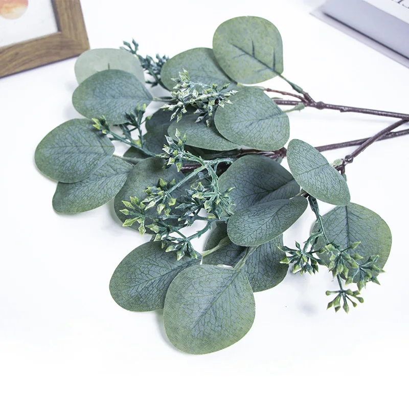Decoración de plantas verdes de simulación de arreglo floral de mesa, ramas de eucalipto de 8 puntas, hojas de eucalipto artificiales individuales