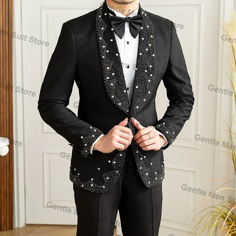 

Black Crystals Men Suits Set 2 Piece Blazer+Pant Formal Office Prom Groom Wedding Tuxedo Cotton Coat Tailored Business Jacket