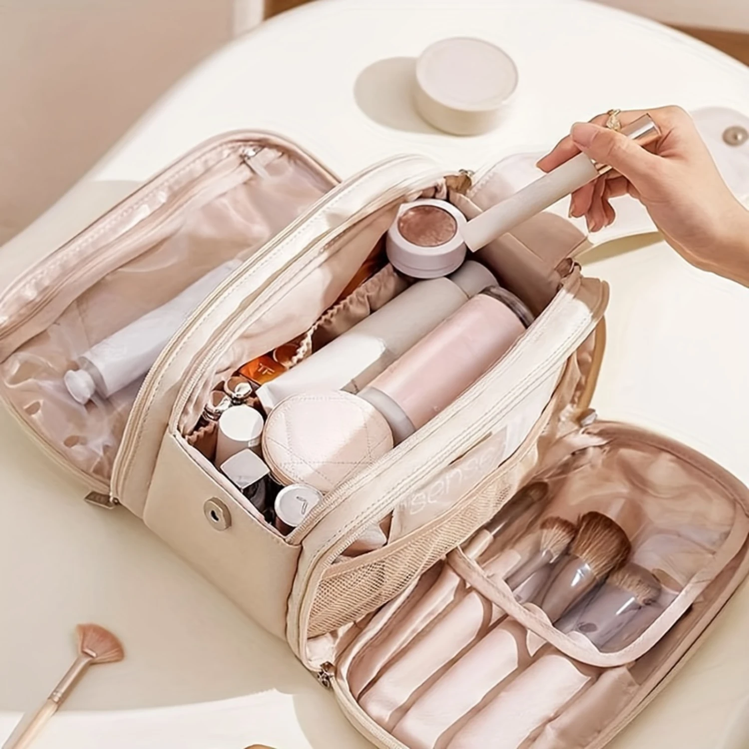 Cosmetic Bag Toiletries Organizer Travel Portable Large Capacity Cosmetic  Bag With Makeup Brush Holder & Handle Gift For Women