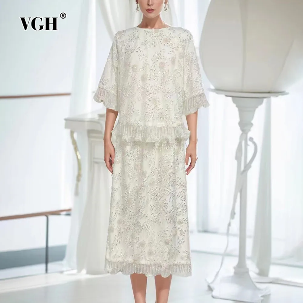 

VGH Solid Patchwork Embroidery Set Round Neck Short Sleeve Spliced Belt Tops High Waist Long Skirts Minimalist Loose Sets Female