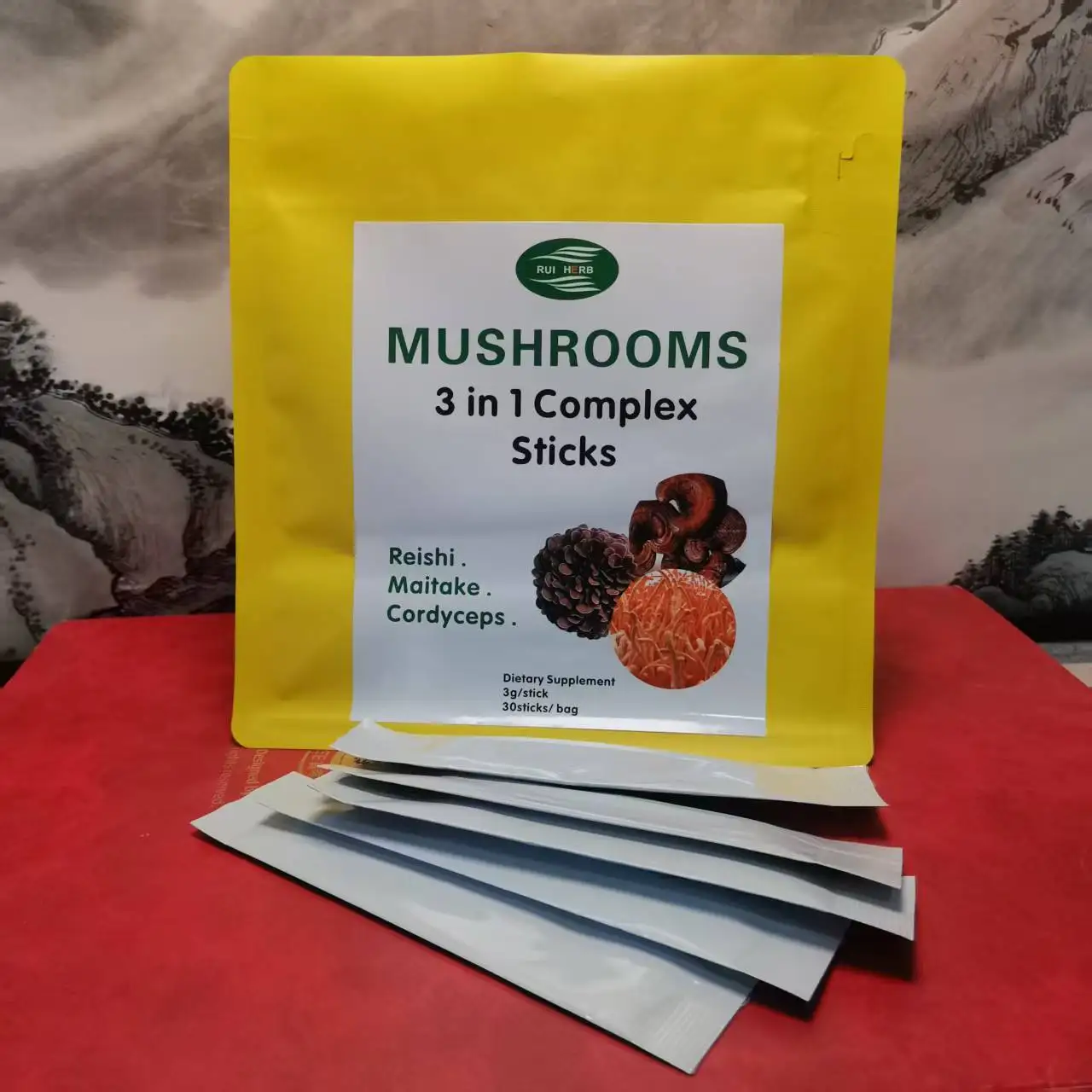 

1Bag (3gram x 30Sticks), Organic 3-in-1 Mushroom Blend Extract Reishi Coryceps Maitake