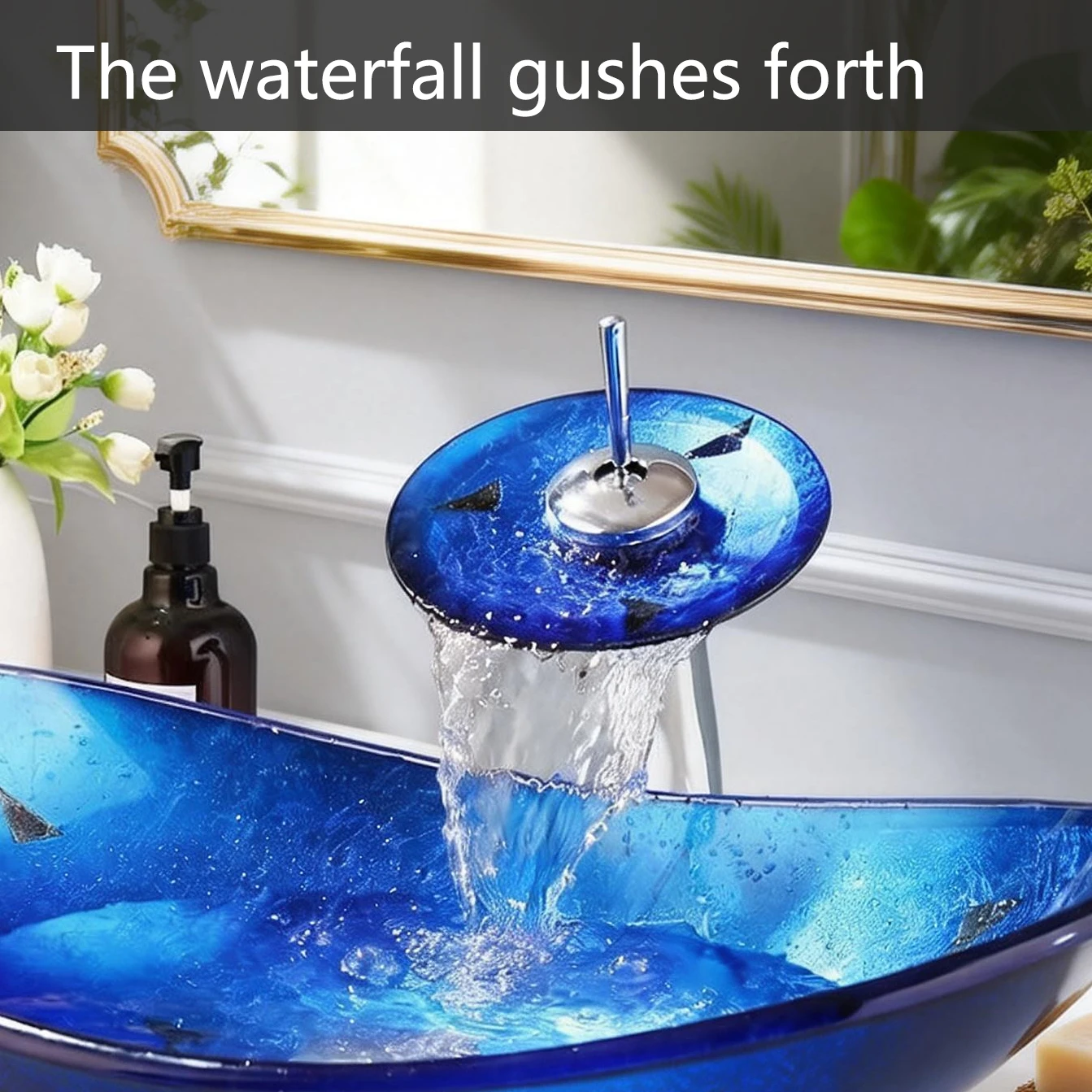 Torayvino Bathroom sink set lavabo Vessel Ship Washbasin Countertop Tempered Glass Washroom Basin Sink Waterfall Faucet Set