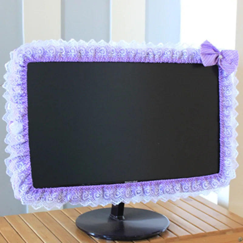 Lace Fabric Computer Frame Cover Monitor Screen Dust Cover With Elastic Pen Pocket Bow Home Decorations