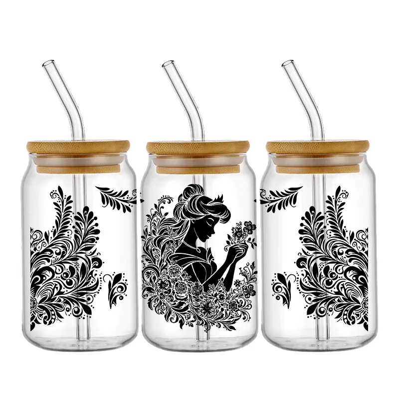 Black Disney Princess 16oz UV DTF Wraps Transfer Sticker For Libbey Glass Cup Waterproof Wrap Transfers Decals