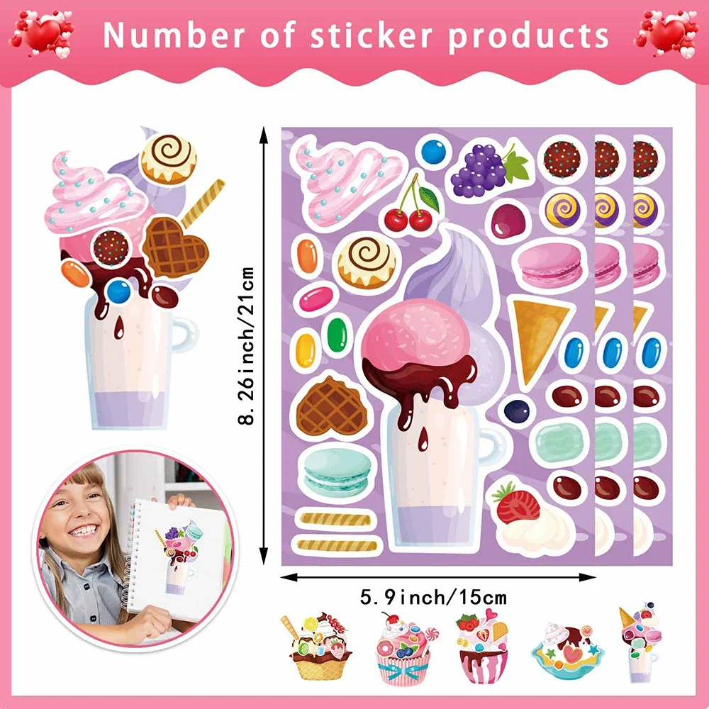 8/16 Blatt Eiscreme Cupcake Make a Face Puzzle Aufkleber Niedlicher Cartoon Montieren Puzzle Aufkleber Spielzeug Kinder DIY Dekoration Partybevorzugung