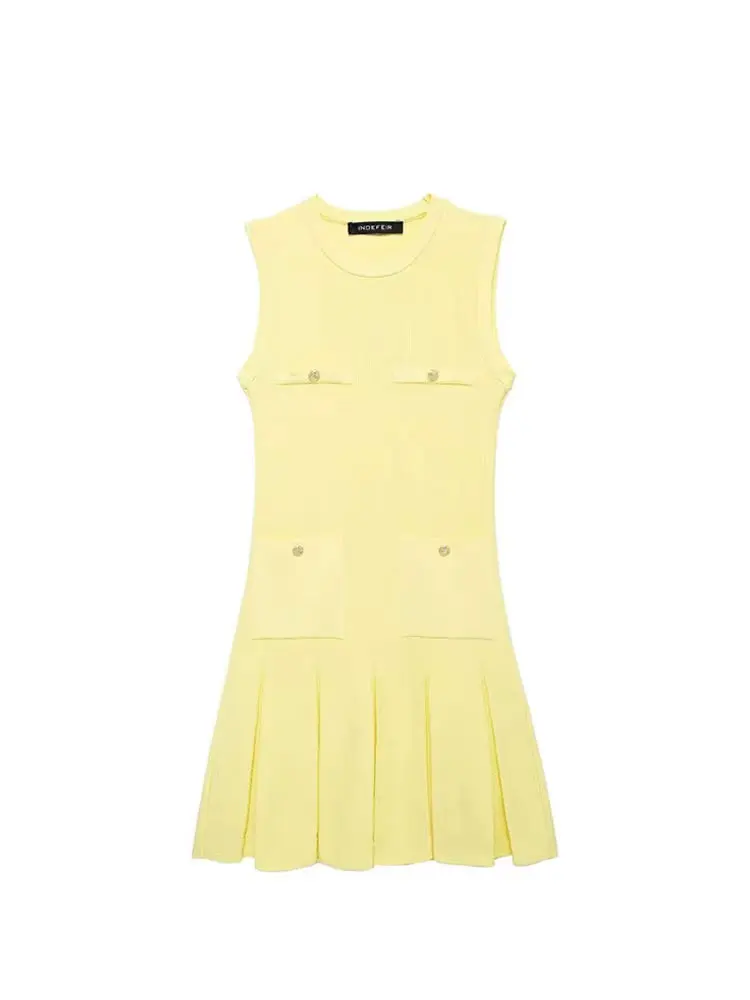 HH Female Casual Slim Pleated Dress Yellow O-Neck Sleeveless Pocket Buttons Decorate Summer Dresses Woman 2024 Trendy