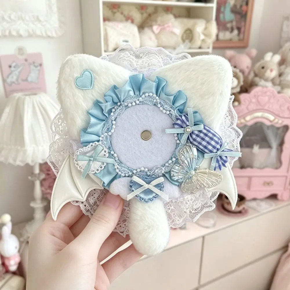 Lightweight Cat-Ear Shape Badge Display Case Lace Edged Heart Accent Badge Holder Bow Design Soft Can Badge Cover Ita Bag