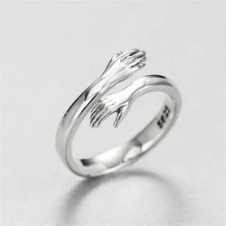 2024 New Fashion Women Girls Silver Color European and American Jewelry Love Hug Ring Retro Fashion Tide Flow Open Ring