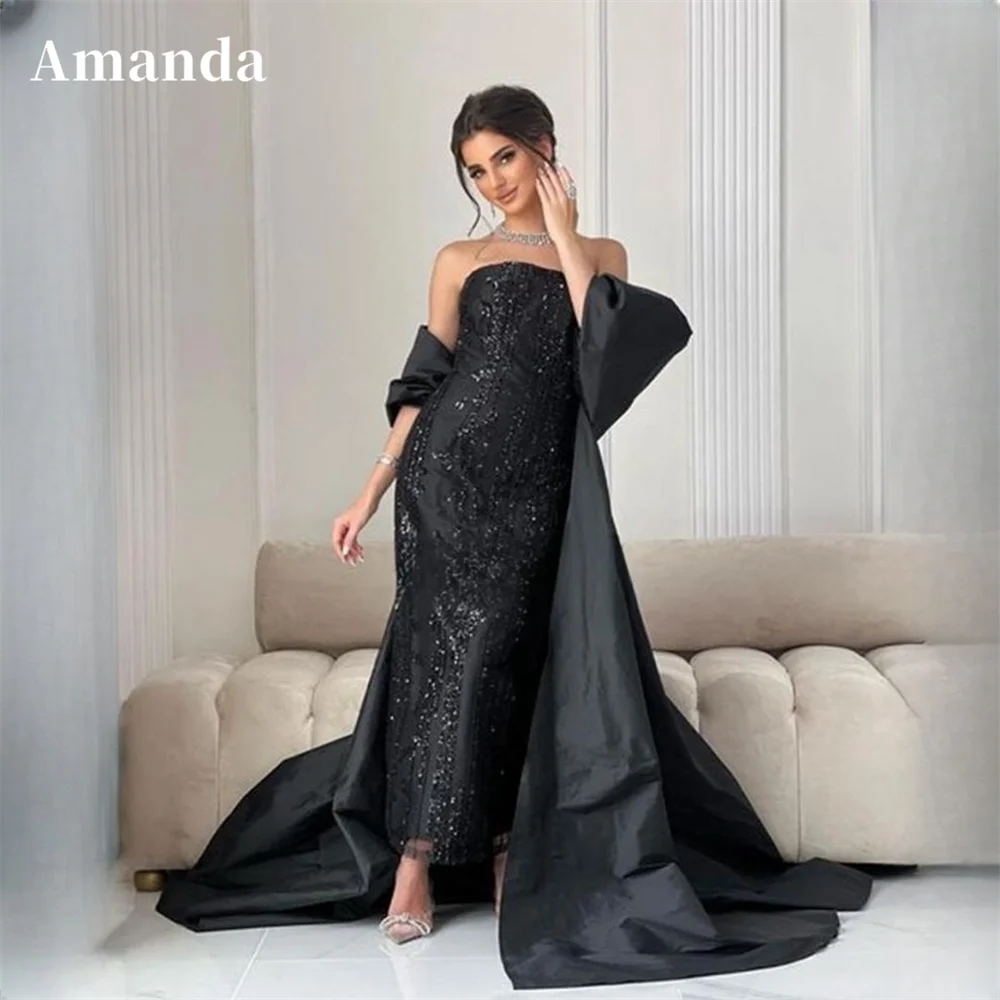 Amanda Black Sequins فساتين السهرة Cape Sleeve Prom Dress Luxury Knee Lenght Vestidos De Noche Straight فساتين مناسبة رسمية