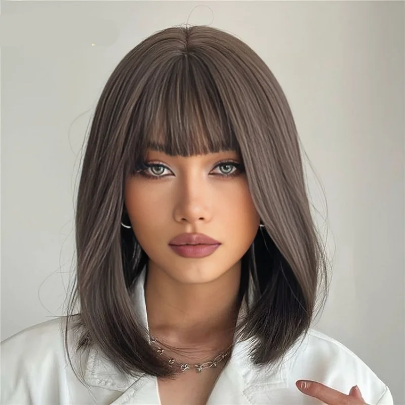 

bone straight Short bob black wigs human hair 100% with bangs glueless brazilian cheap on sale clearance for women ready to wear