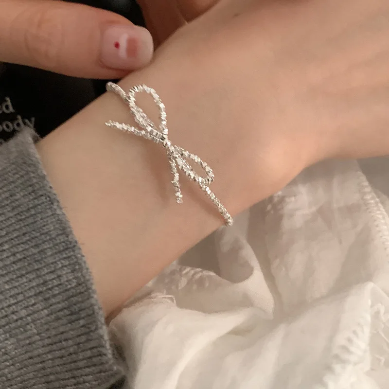 BFCLUB S925 Sterling Silver Bracelets for Women Cute Bow Shinning Accessories Trend Vintage Simple Pendant Party Jelwery