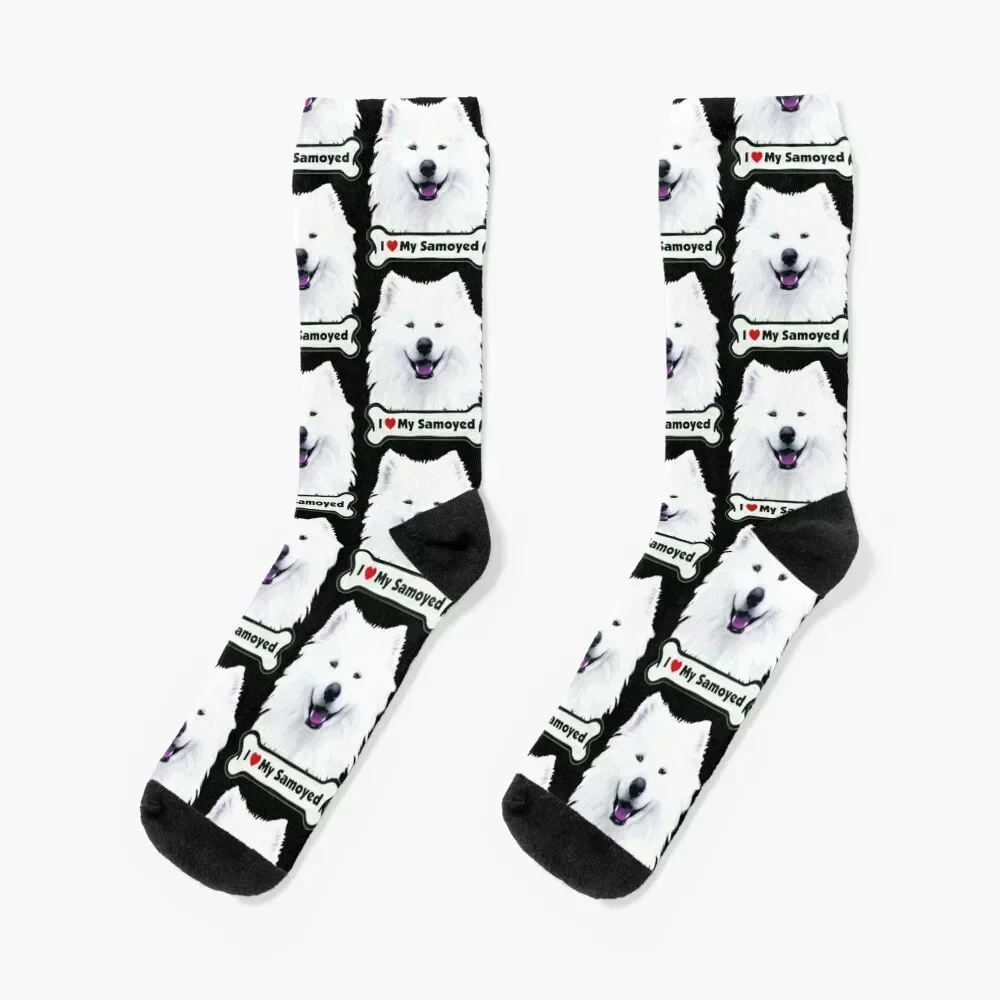 

Smiling White "I  My Samoyed" Bone Dog Face Painting Socks loose soccer anti-slip designer brand new year Women Socks Men's