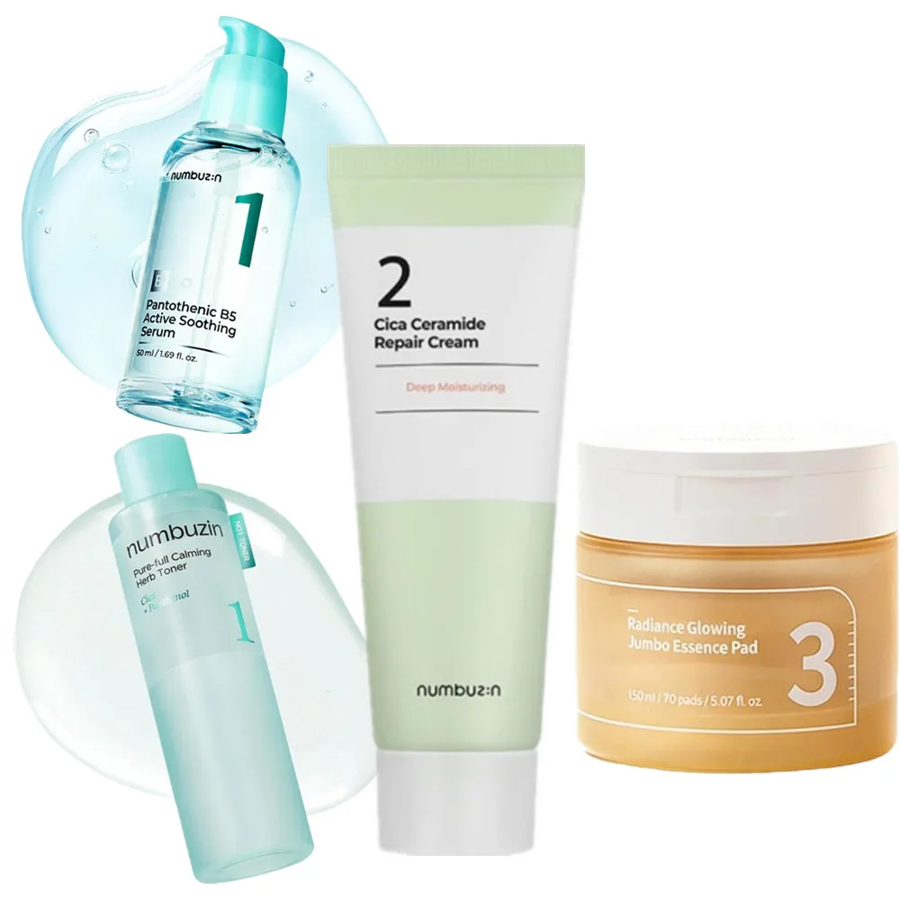 numbuz:n Set de Cuidado Facial Calmante, Crema de Centella Asiática, Suero Calmante B5, Tónico, Esencia Iluminadora, Discos de Algodón para Todo Tipo de Piel