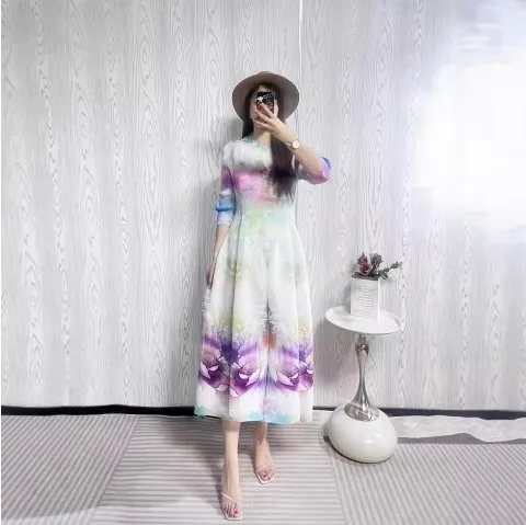 

Miyake Summer Short Sleeve Pelated Printting Women's Dress Elastic Casual Round Collar A Line Ball Gown Dresses Chic