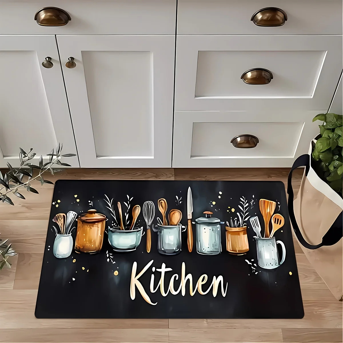 Kitchen Utensils Illustration Flannel Runner Rug Non-slip Long Floor Mat for Kitchen Sink Cooking Area Home Decor Carpet