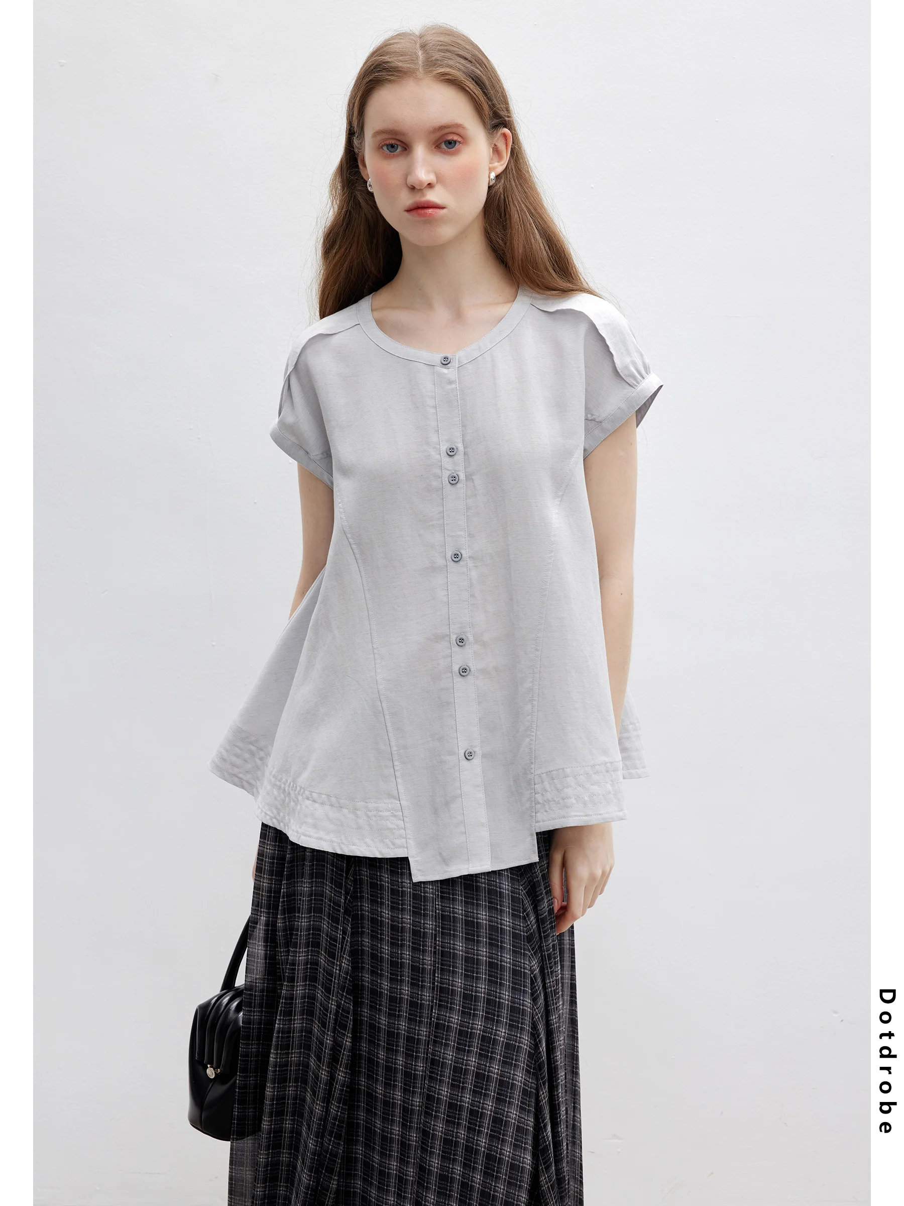 

DotDrobe Women's ort Sve irt Linen A-Line Design Summer Casual Loose Fit round Ne Thin Breathable Skin-Friendly