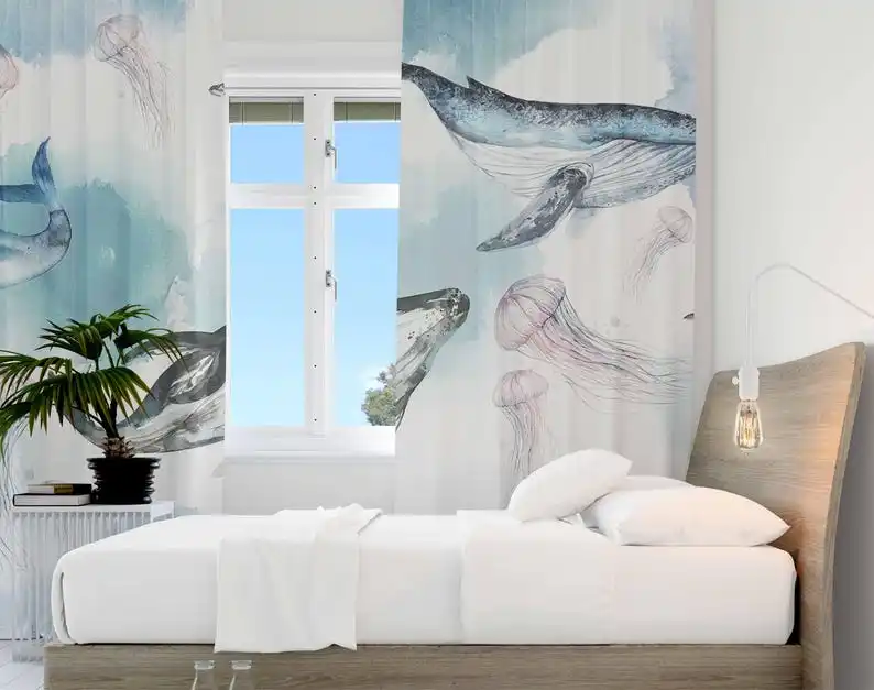 Sea Animals Nursery Curtain Ocean Whale Kids Bedroom Black Out Nursery Decor Baby Room Curtains Bedroom Living Room Curtains