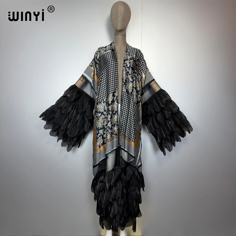 WINYI Catwalk sexy Kimono Women Print coat Long Sleeve Cardigan abaya dubai luxury beachwear Cover Up boho dress holiday Caftan