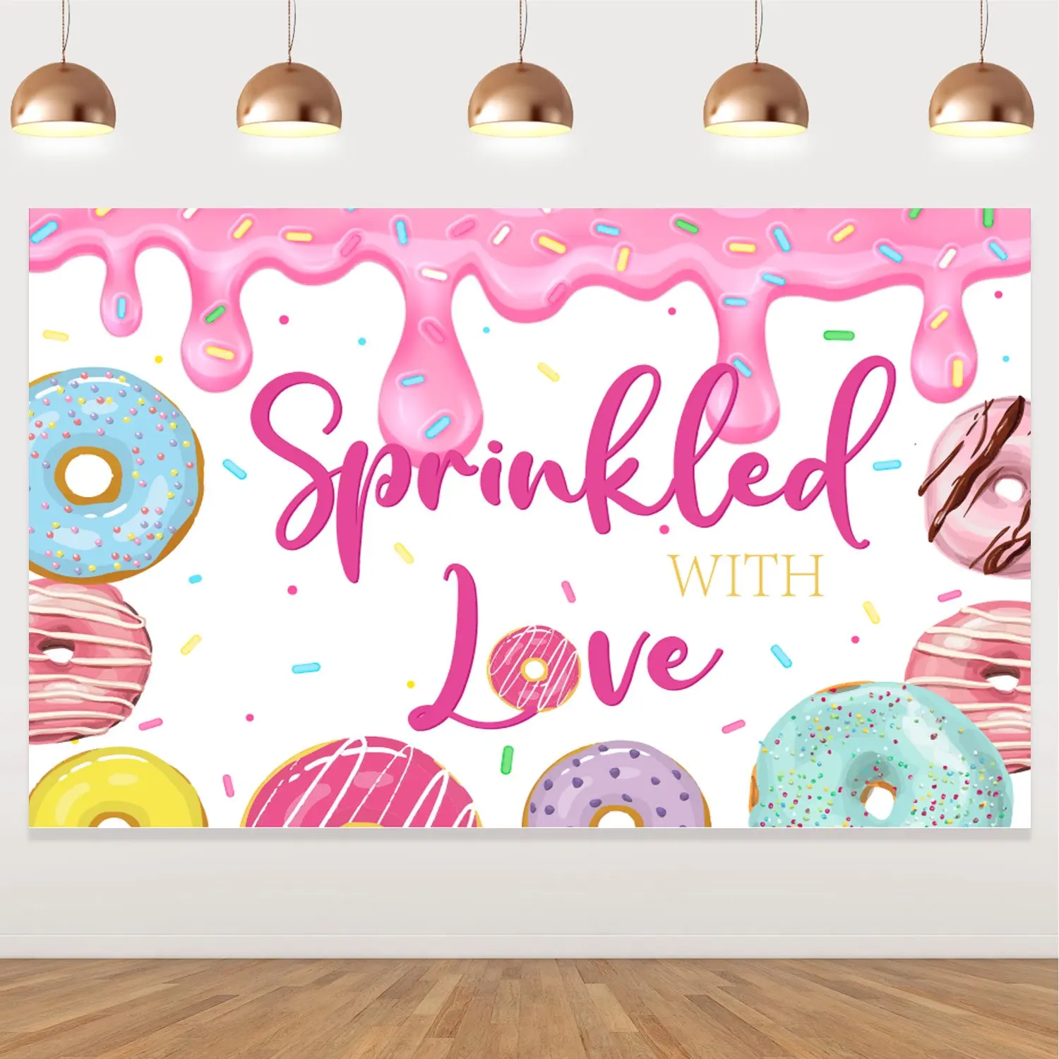 Pink Donuts Sprinkled with Love Backdrop, Glitter Banner, Baby Shower Decorations, Girl Birthday Party, Photography Background