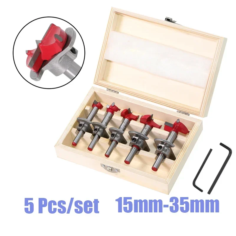 5Pcs Hinge Hole Opener Woodworking Carbide Drill Bits Set Positioning Hole Saw Kit Adjustable 15mm-35mm Tipped Drilling Tool