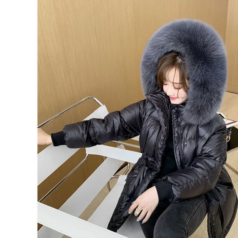 Female Winter Autumn Tops Coat Cotton-padded Clothes Fur Collar Glossy Hooded Thicken Waist Retro Simple Soft Versatile Thin New