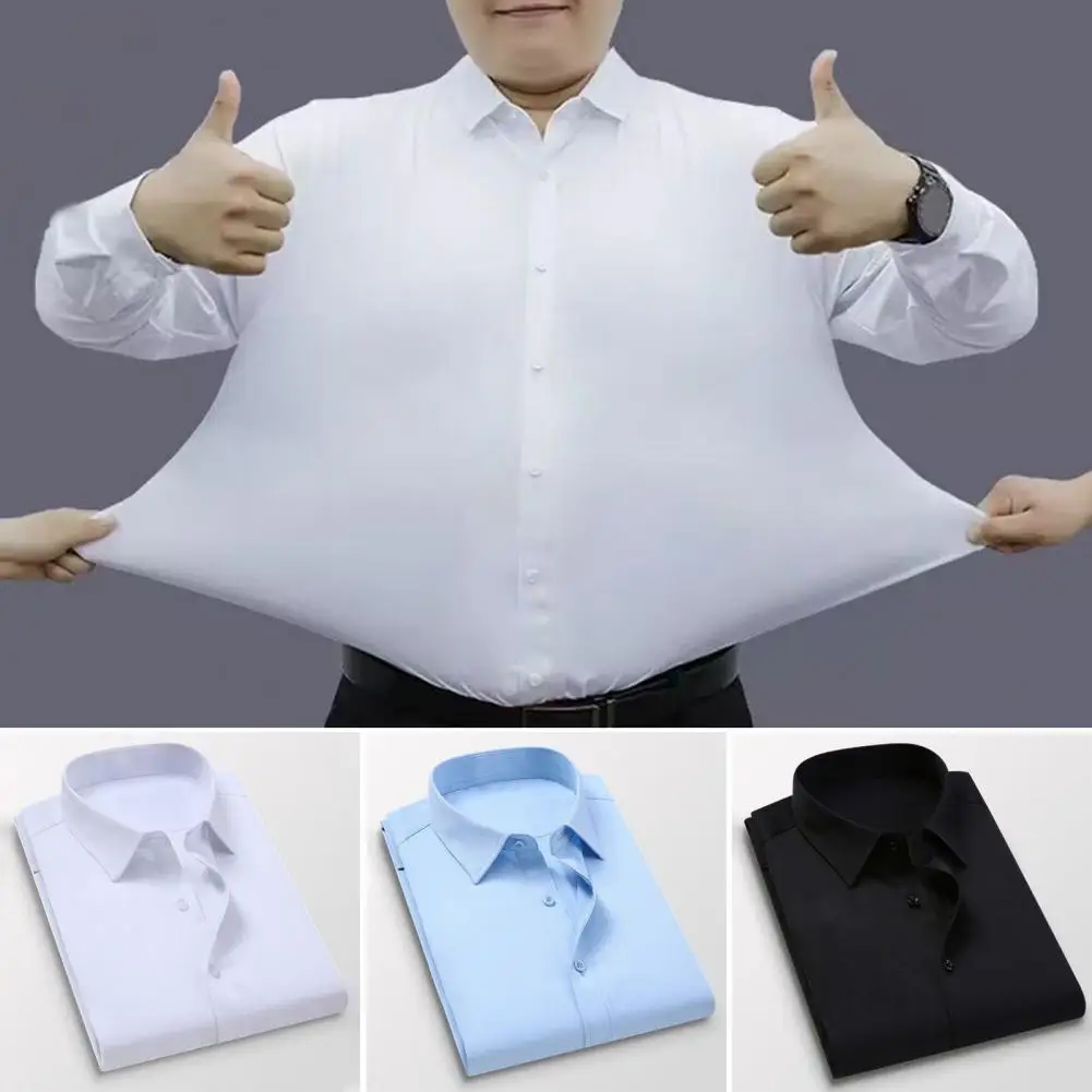 Camisa de manga larga para hombre, camisa Formal de alta elasticidad con cuello vuelto, Color sólido, botonadura única para negocios, suave