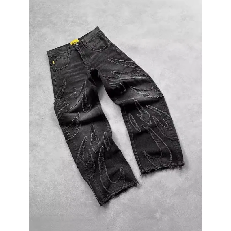 الرجال الدنيم السراويل الجينز تقسم بنطال ذو قصة أرجل واسعة طويلة جان المرقعة جيوب الشارع الشهير منتصف الخصر غسلها المتعثرة بانت خمر