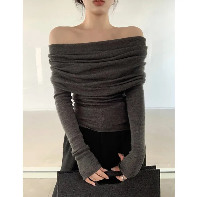 HELIAR Women Slash Neck Sweater Long Sleeve Knitwear Solid Off Shoulder Autumn Thin Pullovers Office Lady Elegant Tops