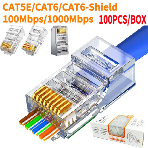Paquete de 100 tapones Cat6 RJ45 chapados en oro | Conectores Gigabit Ethernet de 1000Mbps para extremos de cables LAN compatibles con Cat5e