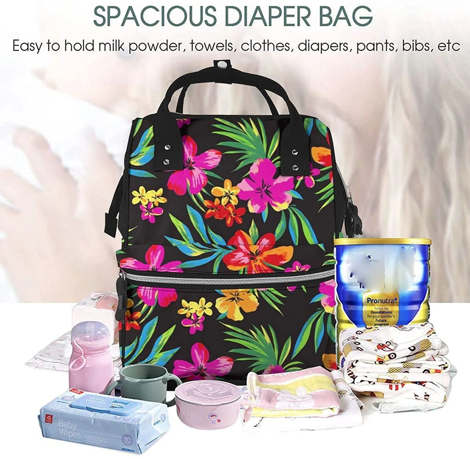 Hawaiian Colorful Flower Printed Mummy Backpack Diaper Bag Multi-Function Maternity Nappy Bags, Kid Bag with Laptop Pocket