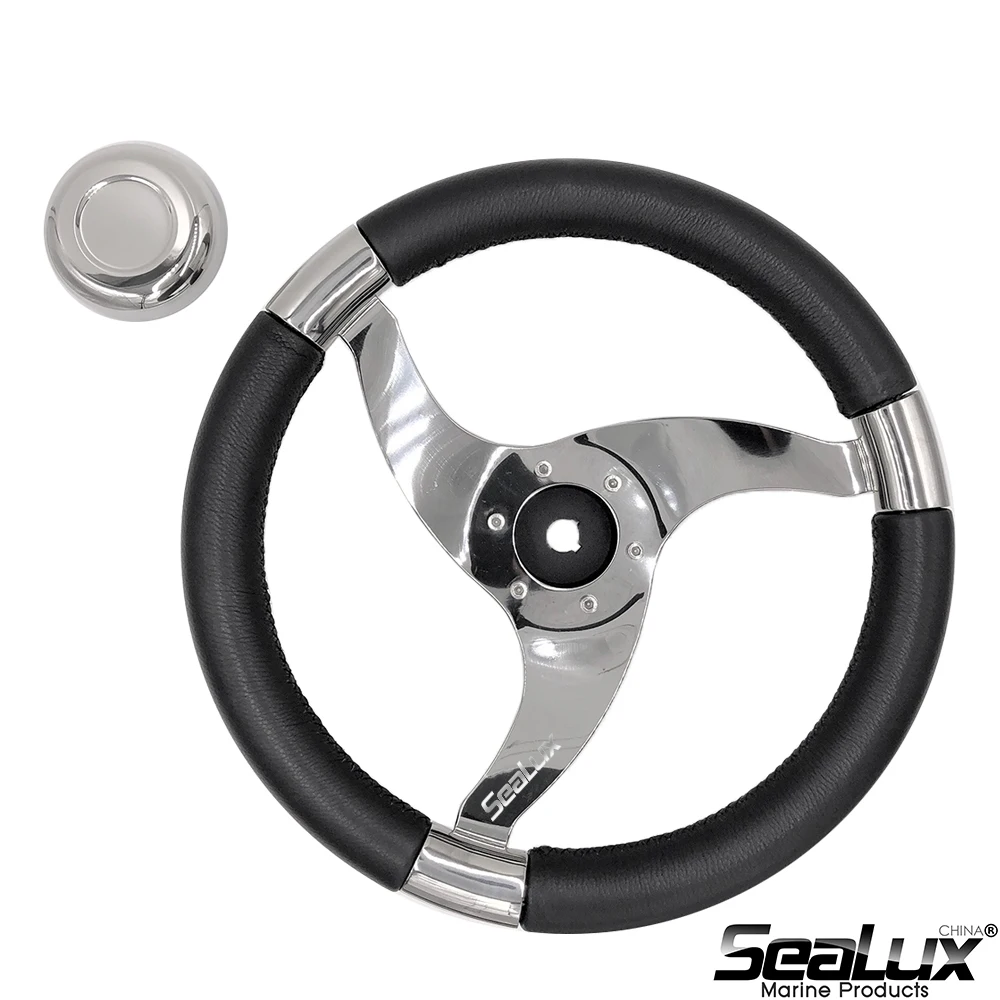 Sealux 13-1/2 Zoll Edelstahl-Sportlenkrad mit PU-Schaum und Echtlederbezug High-End für Marine-Yacht-Boot – Detail 2