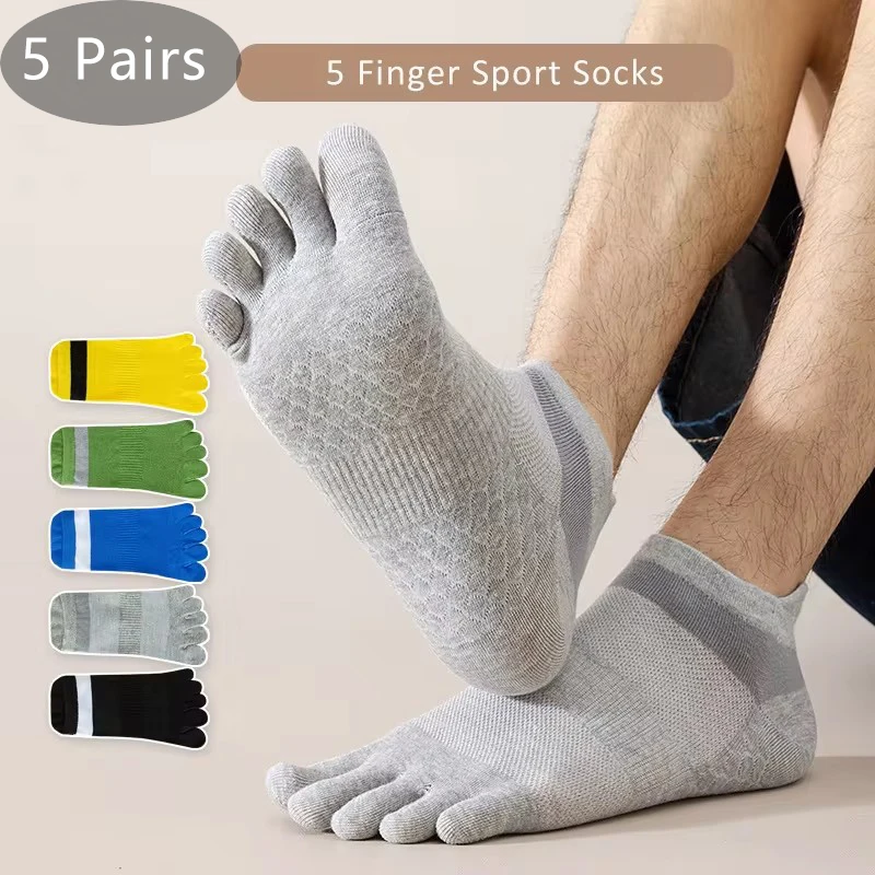 Calcetines tobilleros deportivos de algodón para hombre, medias invisibles para dedos de los pies, masaje, amortiguación, rayas, bicicleta, correr, viajes al aire libre, Fitness, 5 pares