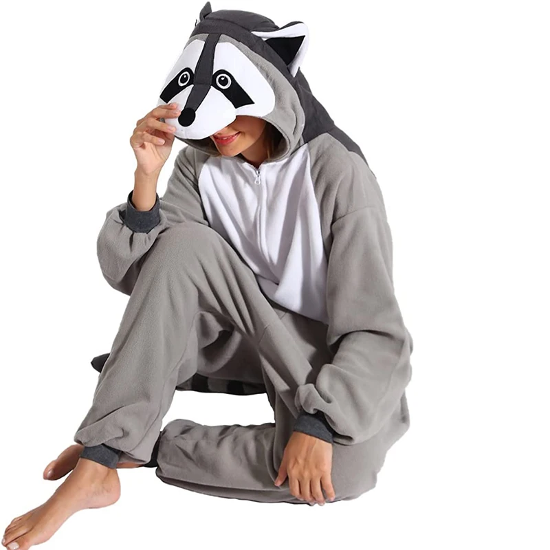 Fleece Kigurumi Raccoon Onesie For Women Pajamas Sleepwear Cosplay Costume Couple Pijamas Men Christmas Halloween Birthday Gift