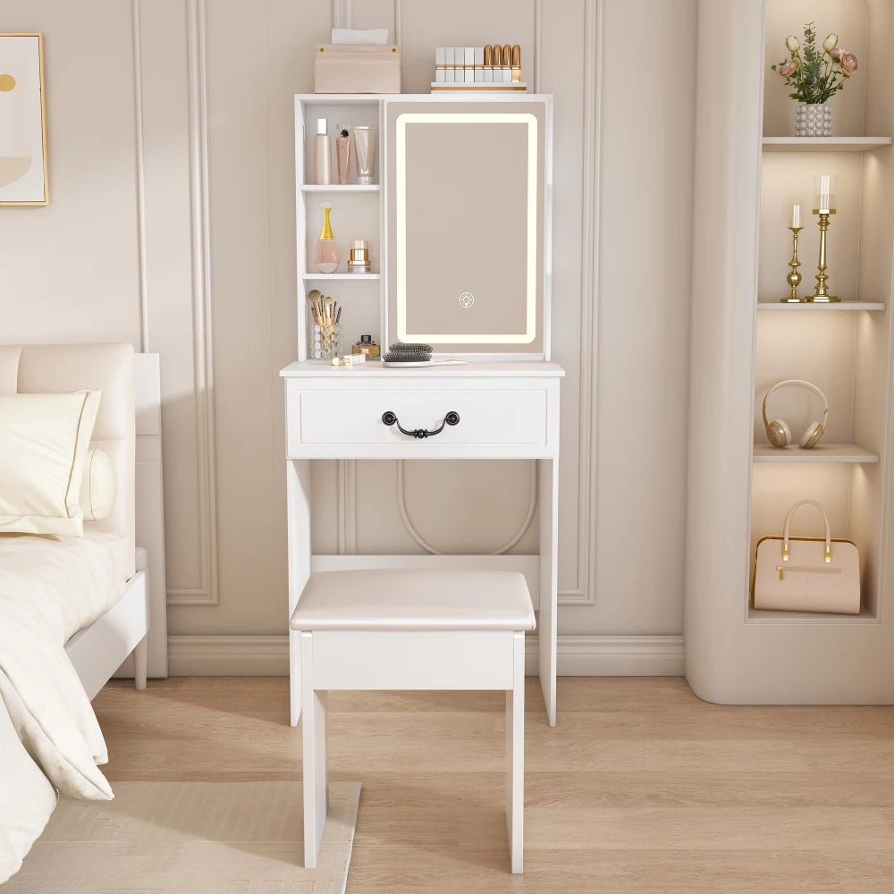 

Modern Mini Dressing Table: LED-lit Mirror,Hidden Storage,Padded Stool,Adjustable Light&Dust-proof Shelves White