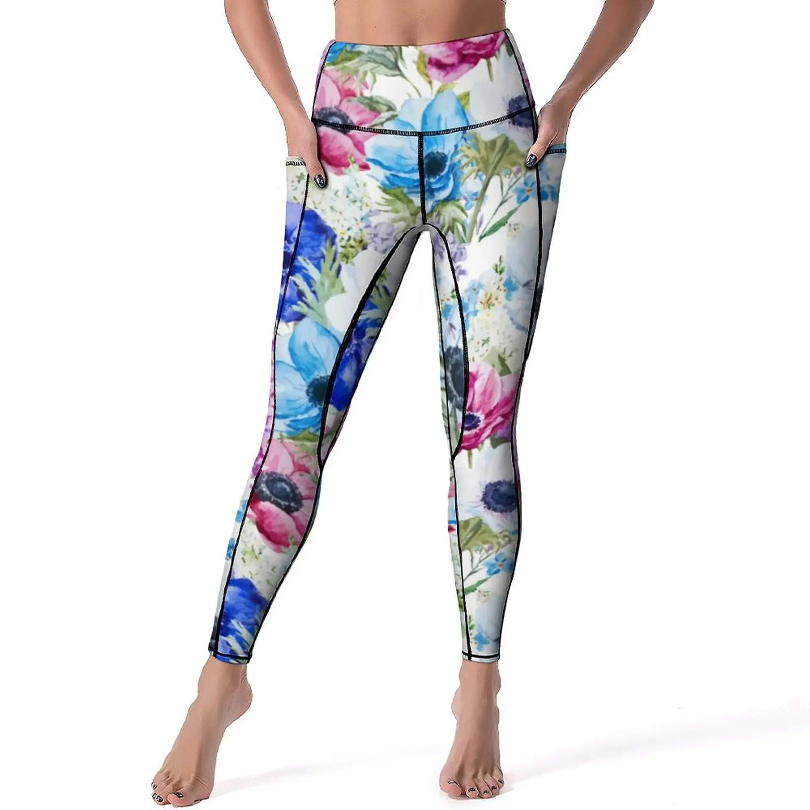 Watercolor Flower Leggings Midnight Floral Print Fitness Yoga Pants Stretch Sports Tights Pockets Lady Vintage Graphic Leggins