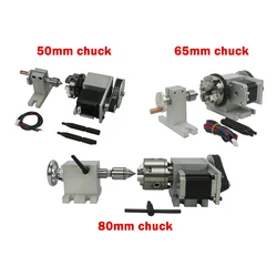 Rotary Axis 4th Axis 4 Jaw Chuck 50mm 65mm 80mm and Tailstock with 42 /57stepper Motor for CNC Router 3020 3040 6040 8060